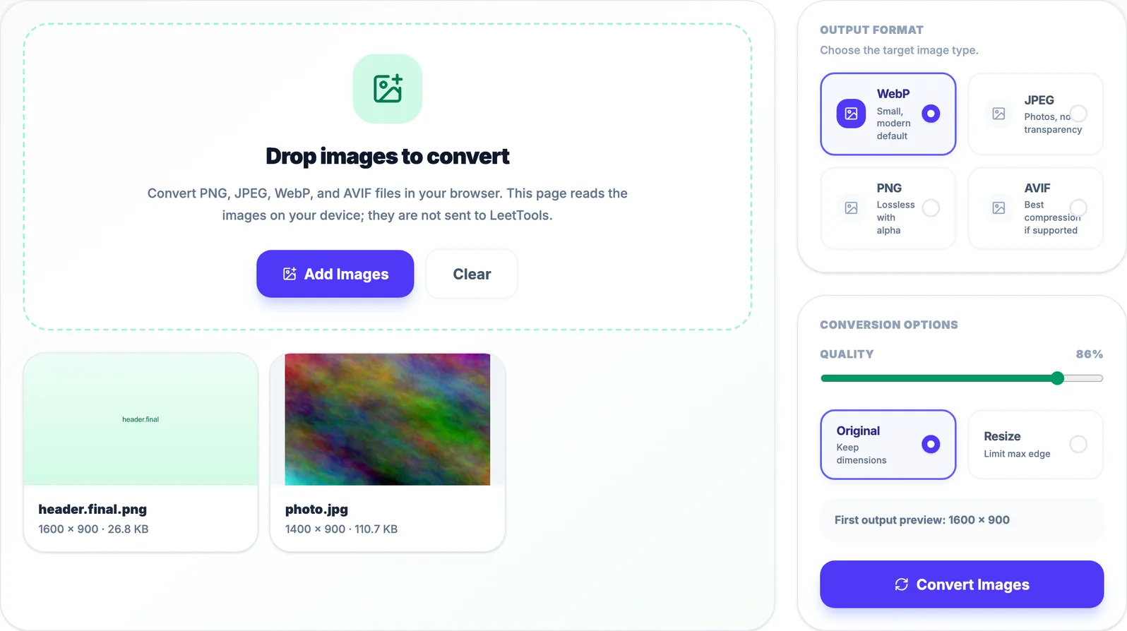 Image Converter with header.final.png and photo.jpg queued, WebP selected, Quality 86%, and Original dimensions