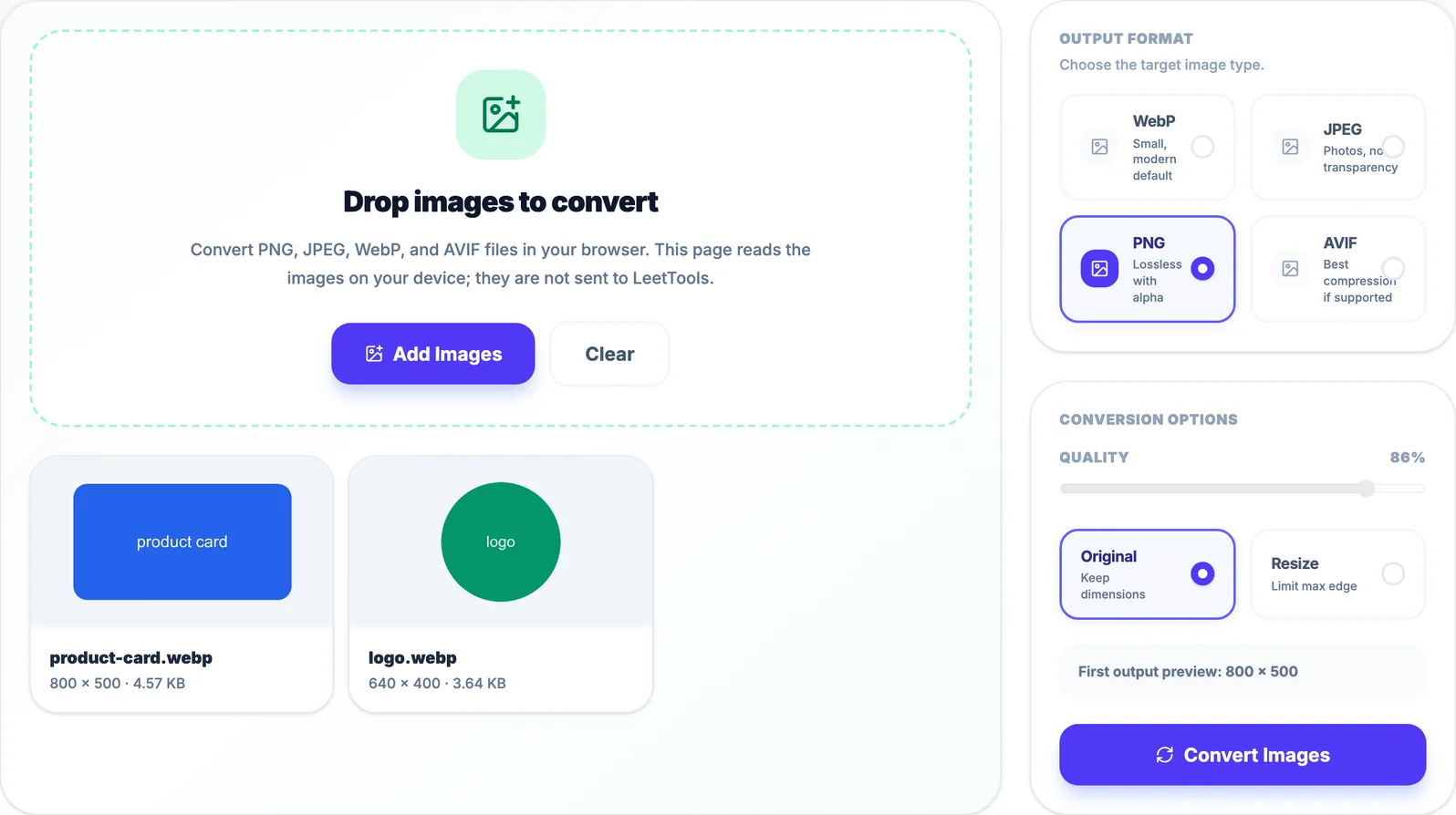 Image Converter with two WebP files queued, PNG selected, and Quality disabled